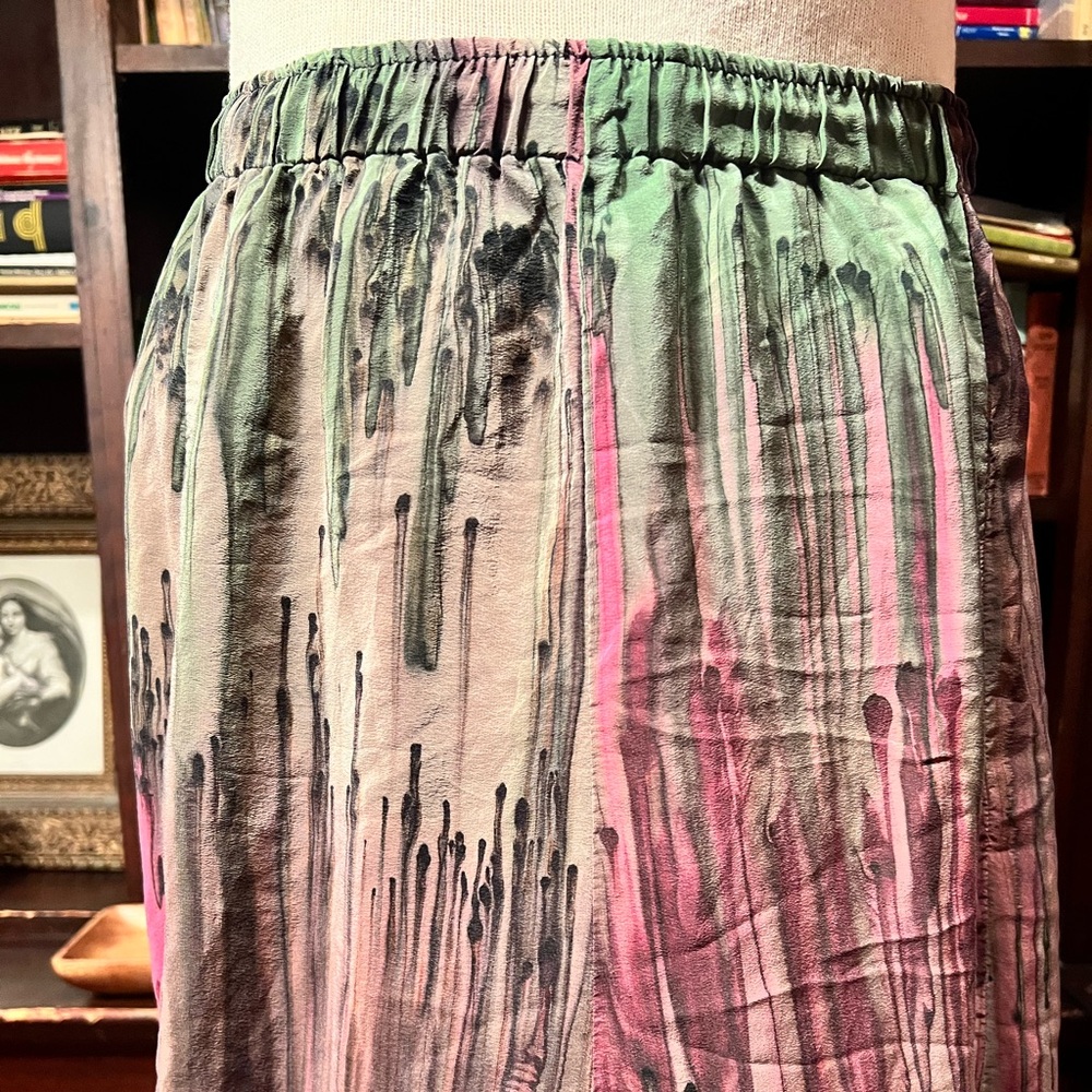 Vintage L Leeanne Original Hand Painted Silk Drip Maxi Skirt One Size View 3